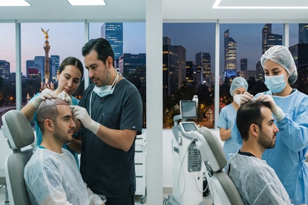 Imagen comparativa del antes y después de un implante capilar CDMX en un hombre con alopecia androgénica