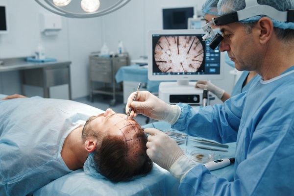 Técnicas avanzadas de injerto capilar - Cirujano capilar realizando un trasplante de cabello a un hombre con alopecia en las entradas
