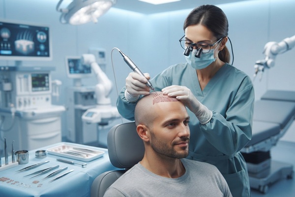 Tricóloga realizando un trasplante de cabello con la técnica MIN Time FUE exclusiva de Capilclinic México