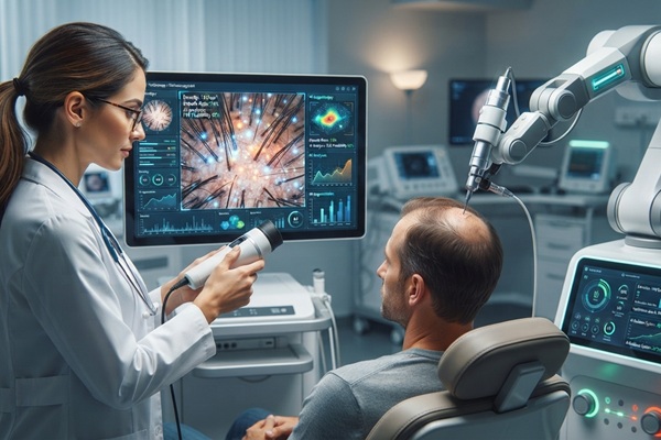 Especialista en tricología usando inteligencia artificial IA para evaluar el cuero cabelludo de un hombre con alopecia