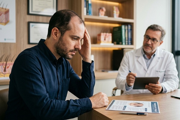 Decisión de injertarse cabello - Hombre en consulta médica analizando el injerto capilar precio en México