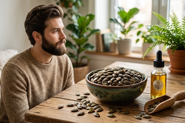 Semillas de calabaza - Hombre con el cabello abundante y natural gracias al consumo de semillas de calabaza que detiene la caída del cabello