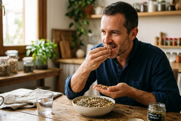 Hombre consumiendo pepitas para detener la alopecia con vitaminas y nutrientes naturales