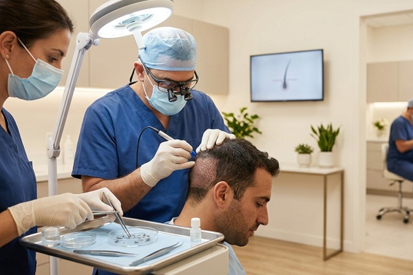 Microinjerto capilar - Médico tricólogo extrayendo los folículos de la zona donante para un injerto de cabello CDMX