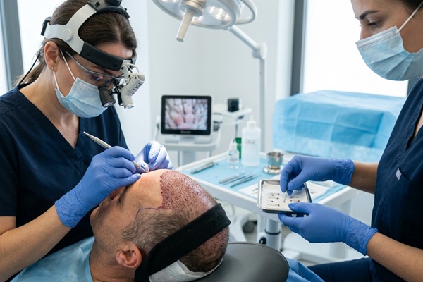 Microinjerto capilar - Tricóloga realizando un trasplante de cabello a un hombre con alopecia avanzada