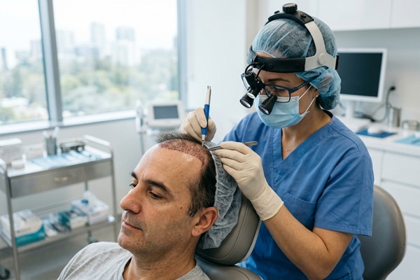 Microinjerto capilar - Tricóloga realizando un injerto capilar a un hombre con pérdida de cabello