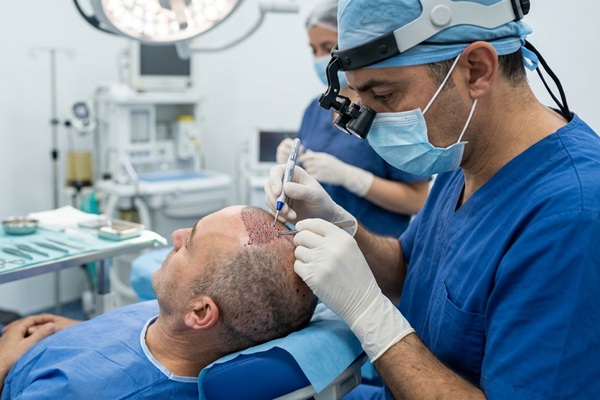 Médico tricólogo realizando un injerto de cabello CDMX a un hombre con alopecia avanzada