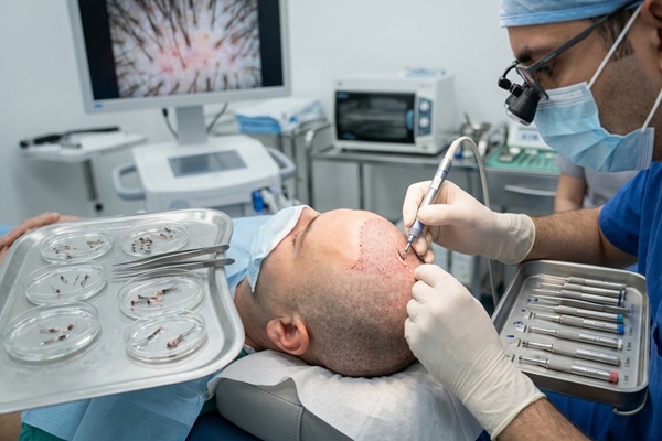 Cirujano realizando un trasplante de cabello con la técnica DHI a un hombre con alopecia avanzada